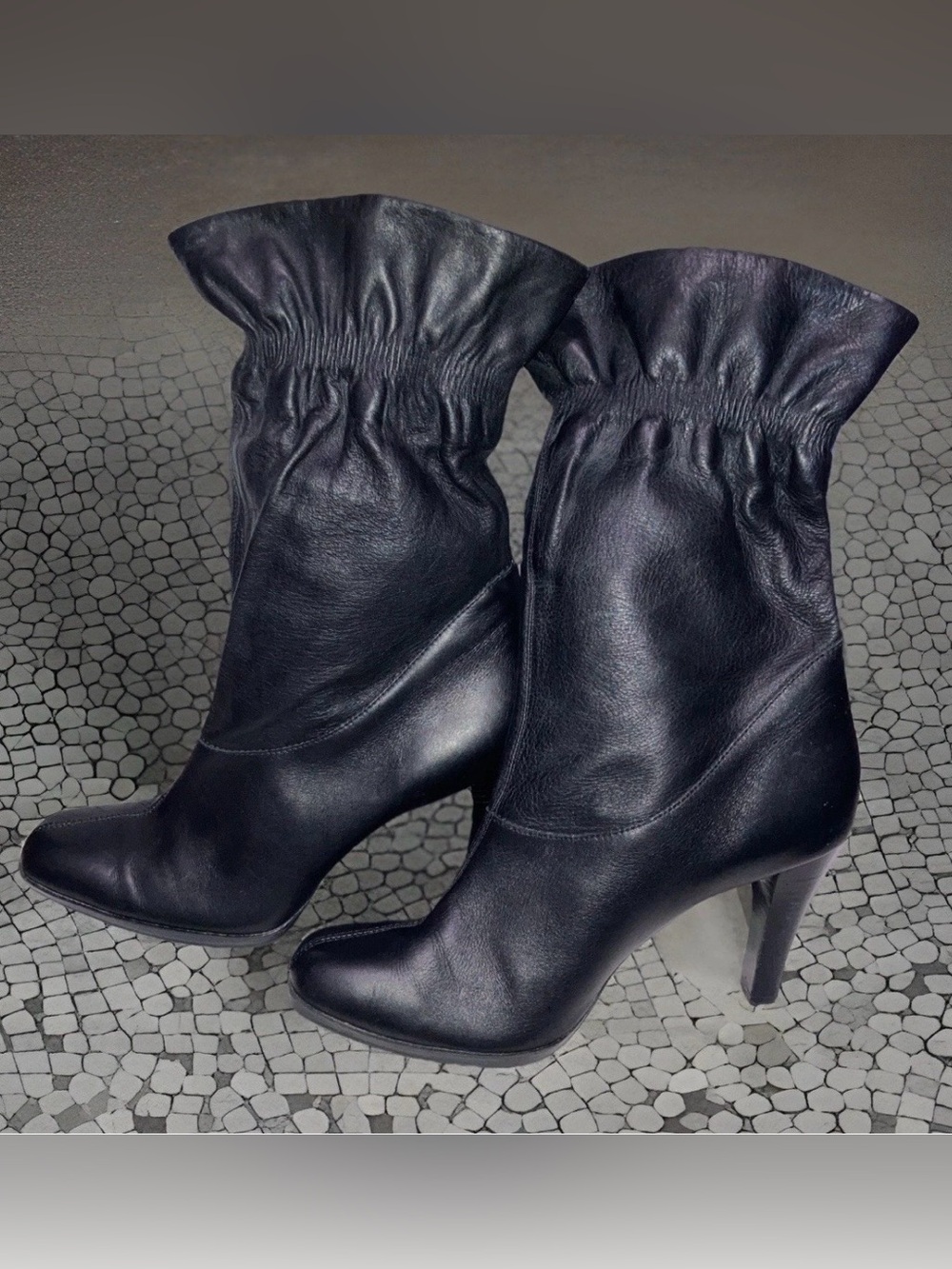 Black Leather Cinch Ruffle Mid Calf Heeled Boots Sz 8.5M Retro Chic Whimsigoth